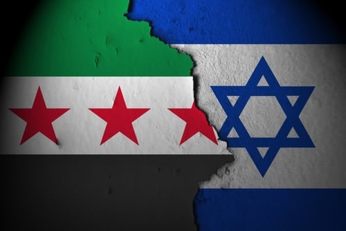 Concept graphic of the national flags of Syria and Israel split by a jagged, cracked boundary. Concept graphic of the national flags of Syria and Israel split by a jagged, cracked boundary.