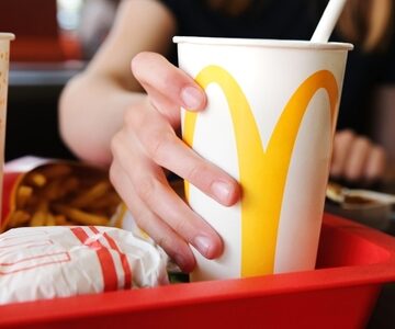 A classic fast-food meal set on a red plastic tray at McDonald's, featuring a wrapped burger, a carton of french fries, and a chilled beverage cup marked with the iconic golden arches.