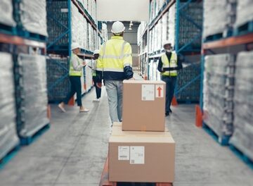 A worker in a high-visibility yellow jacket and hard hat walking down an aisle in a warehouse while pushing a cart loaded with cardboard shipping boxes. A worker in a high-visibility yellow jacket and hard hat walking down an aisle in a warehouse while pushing a cart loaded with cardboard shipping boxes.