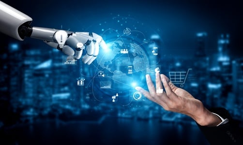 Digital image of a robotic hand reaching out to a human hand with various business icons displayed between the hands. Digital image of a robotic hand reaching out to a human hand with various business icons displayed between the hands.