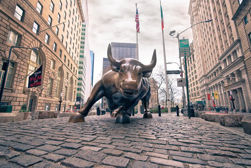 The iconic Charging Bull bronze sculpture (also known as the Wall Street Bull) is located in the Financial District of Lower Manhattan in New York City, just north of Bowling Green Park. The iconic Charging Bull bronze sculpture (also known as the Wall Street Bull) is located in the Financial District of Lower Manhattan in New York City, just north of Bowling Green Park.