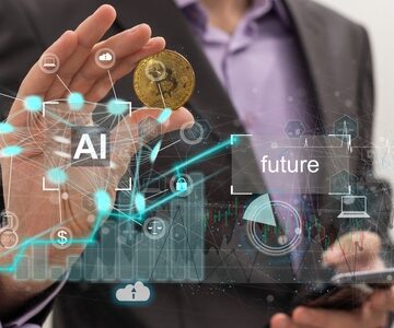 Conceptual image showing a person in a business suit interacting with digital, holographic overlays representing artificial intelligence ("AI"), cryptocurrency (a Bitcoin icon), and future technology trends. Conceptual image showing a person in a business suit interacting with digital, holographic overlays representing artificial intelligence ("AI"), cryptocurrency (a Bitcoin icon), and future technology trends.