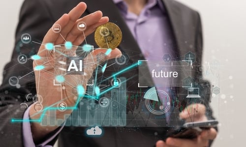 Conceptual image showing a person in a business suit interacting with digital, holographic overlays representing artificial intelligence ("AI"), cryptocurrency (a Bitcoin icon), and future technology trends. Conceptual image showing a person in a business suit interacting with digital, holographic overlays representing artificial intelligence ("AI"), cryptocurrency (a Bitcoin icon), and future technology trends.