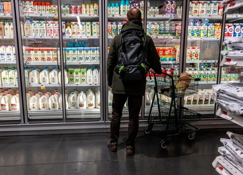 Image of a man wearing a large backpack while shopping for dairy products in a supermarket. Image of a man wearing a large backpack while shopping for dairy products in a supermarket.