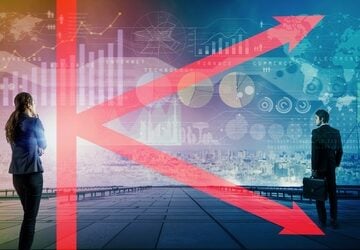 Concept illustrates a K-shaped economy, where different sectors, companies, or demographic groups diverge sharply – one part experiences strong growth (the upward arrow of the "K") while another experiences decline or contraction (the downward arrow).