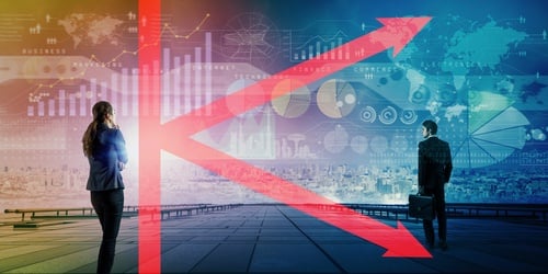 Concept illustrates a K-shaped economy, where different sectors, companies, or demographic groups diverge sharply – one part experiences strong growth (the upward arrow of the "K") while another experiences decline or contraction (the downward arrow). Concept illustrates a K-shaped economy, where different sectors, companies, or demographic groups diverge sharply – one part experiences strong growth (the upward arrow of the "K") while another experiences decline or contraction (the downward arrow).