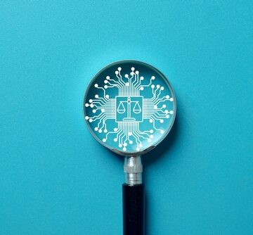 A magnifying glass focused on a circuit board design with a scales of justice symbol inside, representing artificial intelligence ethics, legal technology, and digital law regulation. A magnifying glass focused on a circuit board design with a scales of justice symbol inside, representing artificial intelligence ethics, legal technology, and digital law regulation.