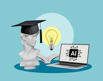 Graphic illustration of AI in higher education with visual concepts of a classical bust wearing a graduation cap, a glowing light bulb and open book, and a laptop displaying an "AI" microchip. Graphic illustration of AI in higher education with visual concepts of a classical bust wearing a graduation cap, a glowing light bulb and open book, and a laptop displaying an "AI" microchip.