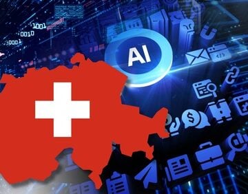 Artificial intelligence and technology concept with Switzerland's map overlaid with a red-and-white Swiss flag next to a glowing "AI" symbol and various digital icons. Artificial intelligence and technology concept with Switzerland's map overlaid with a red-and-white Swiss flag next to a glowing "AI" symbol and various digital icons.