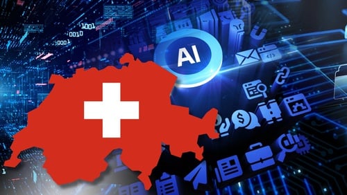 Artificial intelligence and technology concept with Switzerland's map overlaid with a red-and-white Swiss flag next to a glowing "AI" symbol and various digital icons. Artificial intelligence and technology concept with Switzerland's map overlaid with a red-and-white Swiss flag next to a glowing "AI" symbol and various digital icons.