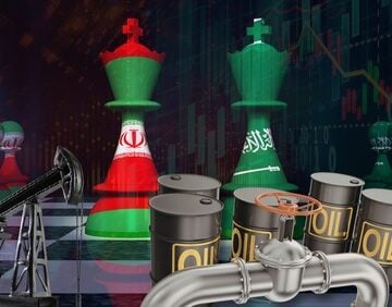 Geopolitical and economic rivalry illustration symbolized by the national flags of Iran and Saudi Arabia on chess pieces alongside oil barrels and infrastructure. Geopolitical and economic rivalry illustration symbolized by the national flags of Iran and Saudi Arabia on chess pieces alongside oil barrels and infrastructure.