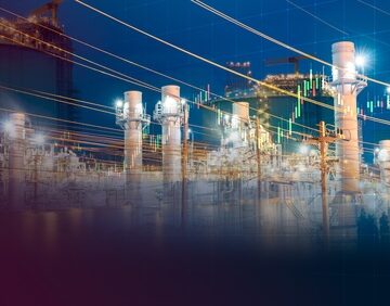 Conceptual double exposure of a natural gas power plant and storage facility combined with a rising financial market chart.