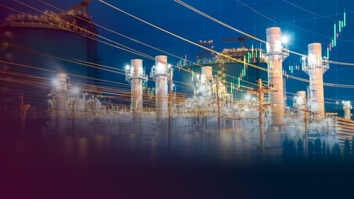 Conceptual double exposure of a natural gas power plant and storage facility combined with a rising financial market chart. Conceptual double exposure of a natural gas power plant and storage facility combined with a rising financial market chart.