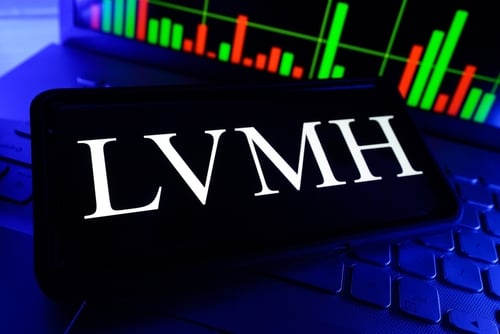 The LVMH (Moët Hennessy Louis Vuitton) logo displayed on a smartphone screen in front of a stock market chart. The LVMH (Moët Hennessy Louis Vuitton) logo displayed on a smartphone screen in front of a stock market chart.