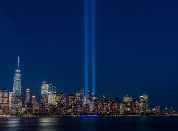 The annual Twin Towers Tribute in Light memorial over the New York City skyline. The annual Twin Towers Tribute in Light memorial over the New York City skyline.