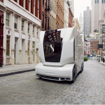 An Einride Pod, an electric, driverless freight vehicle developed by the Swedish autonomous trucking company Einride. An Einride Pod, an electric, driverless freight vehicle developed by the Swedish autonomous trucking company Einride.