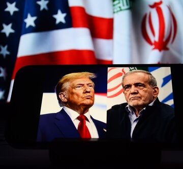 U.S. President Donald Trump and Iranian President Masoud Pezeshkian in front of American and Iranian flags. U.S. President Donald Trump and Iranian President Masoud Pezeshkian in front of American and Iranian flags.