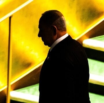 Israeli Prime Minister Benjamin Netanyahu walking near a staircase at the United Nations headquarters in New York. Israeli Prime Minister Benjamin Netanyahu walking near a staircase at the United Nations headquarters in New York.