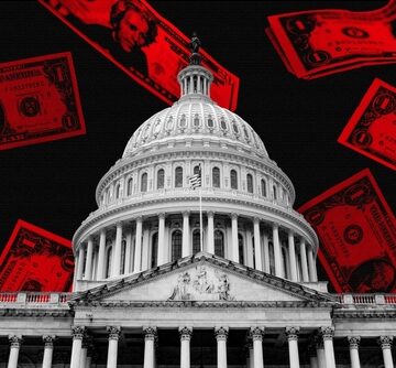 A black-and-white view of the United States Capitol building with glowing red dollar bills floating in the background. A black-and-white view of the United States Capitol building with glowing red dollar bills floating in the background.