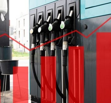 Concept image of rising fuel costs and gas price inflation showing fuel pumps, a red bar chart, and a rising red arrow. Concept image of rising fuel costs and gas price inflation showing fuel pumps, a red bar chart, and a rising red arrow.