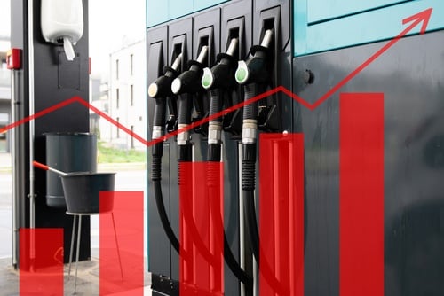 Concept image of rising fuel costs and gas price inflation showing fuel pumps, a red bar chart, and a rising red arrow. Concept image of rising fuel costs and gas price inflation showing fuel pumps, a red bar chart, and a rising red arrow.