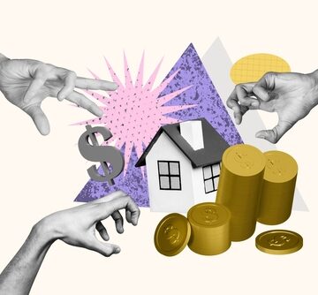 Conceptual illustration showing hands grabbing for a model house, a stacks of coins, and a dollar sign to represent real estate competition, home buying, or mortgage bidding. Conceptual illustration showing hands grabbing for a model house, a stacks of coins, and a dollar sign to represent real estate competition, home buying, or mortgage bidding.