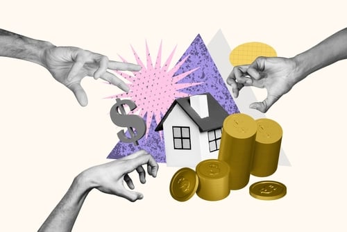 Conceptual illustration showing hands grabbing for a model house, a stacks of coins, and a dollar sign to represent real estate competition, home buying, or mortgage bidding. Conceptual illustration showing hands grabbing for a model house, a stacks of coins, and a dollar sign to represent real estate competition, home buying, or mortgage bidding.