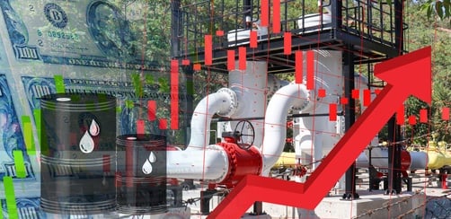 Illustration of rising oil, gas, and energy costs driven by global market pressures and geopolitical conflicts featuring industrial gas and oil pipelines, oil drums, a rising red arrow, and a U.S. dollar background overlay symbolizing spiking energy prices. Illustration of rising oil, gas, and energy costs driven by global market pressures and geopolitical conflicts featuring industrial gas and oil pipelines, oil drums, a rising red arrow, and a U.S. dollar background overlay symbolizing spiking energy prices.