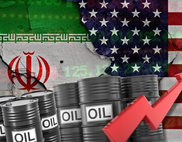 Concept illustration depicting geopolitical tensions between the United States and Iran including oil barrels representing crude supply, the flags of the opposing nations, and the upward red arrow portrays rising petroleum prices.