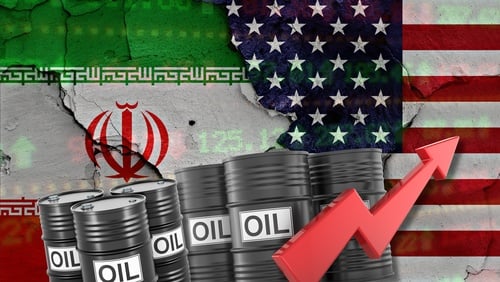 Concept illustration depicting geopolitical tensions between the United States and Iran including oil barrels representing crude supply, the flags of the opposing nations, and the upward red arrow portrays rising petroleum prices. Concept illustration depicting geopolitical tensions between the United States and Iran including oil barrels representing crude supply, the flags of the opposing nations, and the upward red arrow portrays rising petroleum prices.