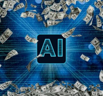 Graphic image features a central AI icon set against a digital blue background with swirling $100 bills. Graphic image features a central AI icon set against a digital blue background with swirling $100 bills.