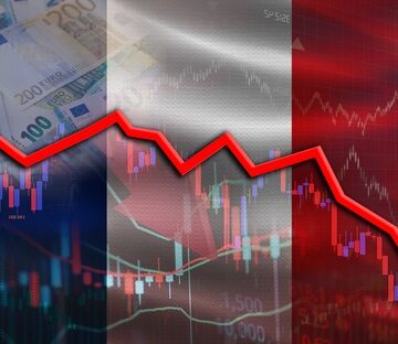 Concept image of financial crisis in France, overlaid with a falling red graph line, Euro banknotes, and the French flag. Concept image of financial crisis in France, overlaid with a falling red graph line, Euro banknotes, and the French flag.