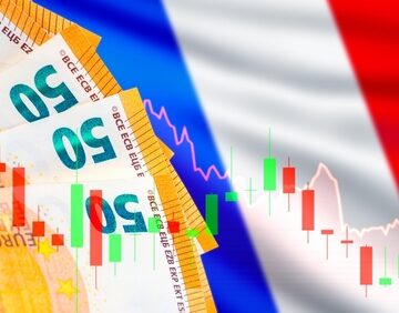 Graphic concept combining euro banknotes (€50 bills), the French national flag, and a overlay stock market candlestick chart. Graphic concept combining euro banknotes (€50 bills), the French national flag, and a overlay stock market candlestick chart.
