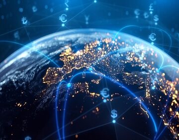 A glowing digital globe of Earth overlaid with global financial networks and international currency symbols such as the dollar, euro, pound, and yen.