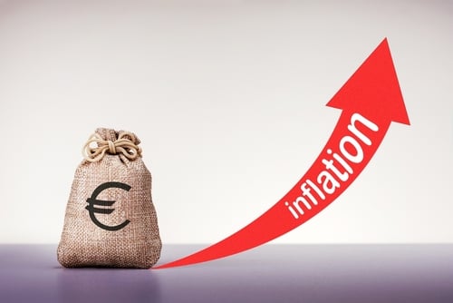 Financial concept representing rising euro inflation through a money bag marked with a euro symbol next to an upward-trending red arrow labeled "inflation." Financial concept representing rising euro inflation through a money bag marked with a euro symbol next to an upward-trending red arrow labeled "inflation."