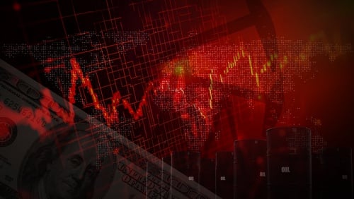 A red, downward-trending financial chart overlaying a United States hundred-dollar bill and an oil pump jack. A red, downward-trending financial chart overlaying a United States hundred-dollar bill and an oil pump jack.