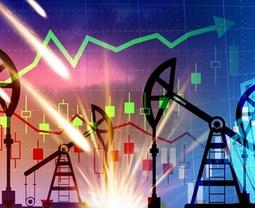 Colorful concept illustration depicting oil pump jacks against a backdrop of financial charts, currency, and upward trends.