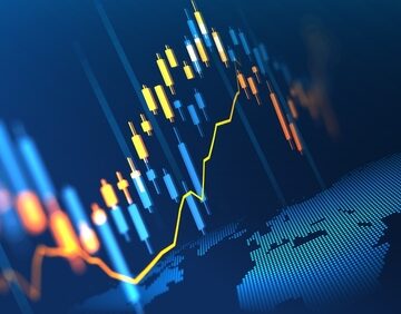 A futuristic financial and forex trading candlestick chart overlaid on a dark blue background with a world map motif. A futuristic financial and forex trading candlestick chart overlaid on a dark blue background with a world map motif.