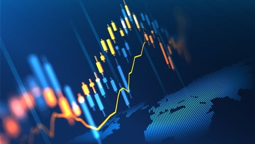 A futuristic financial and forex trading candlestick chart overlaid on a dark blue background with a world map motif.