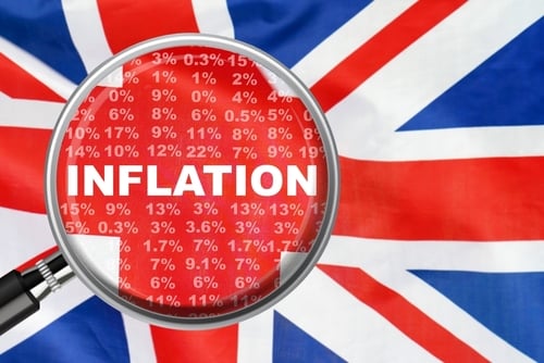 Conceptual illustration featuring a magnifying glass focused on the word "INFLATION" set against the Union Jack flag. Conceptual illustration featuring a magnifying glass focused on the word "INFLATION" set against the Union Jack flag.