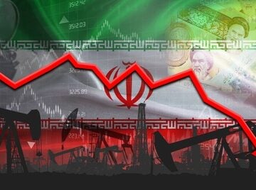 The Iranian national flag layered with green, white, and red bands, the national emblem, and faint financial chart numbers along with silhouettes of oil pumpjacks operating against a dark, red-tinted industrial backdrop.