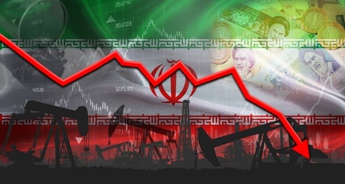 The Iranian national flag layered with green, white, and red bands, the national emblem, and faint financial chart numbers along with silhouettes of oil pumpjacks operating against a dark, red-tinted industrial backdrop.