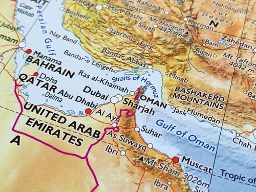 Image of an atlas map showing the Persian Gulf, the Strait of Hormuz, the Gulf of Oman, and surrounding countries in the Middle East, including the United Arab Emirates (UAE), Oman, Qatar, Bahrain, and southern Iran. Image of an atlas map showing the Persian Gulf, the Strait of Hormuz, the Gulf of Oman, and surrounding countries in the Middle East, including the United Arab Emirates (UAE), Oman, Qatar, Bahrain, and southern Iran.