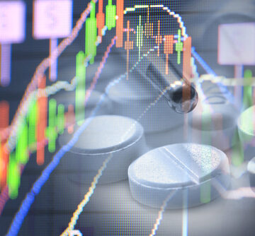 Concept composite of pharmaceutical pills overlaid with a stock market candlestick chart and financial tracking lines. Concept composite of pharmaceutical pills overlaid with a stock market candlestick chart and financial tracking lines.