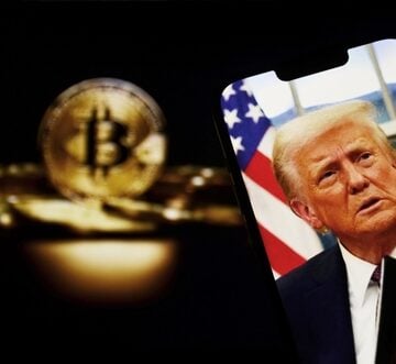 Graphic composition featuring a likeness of President Donald Trump alongside a Bitcoin coin symbol.