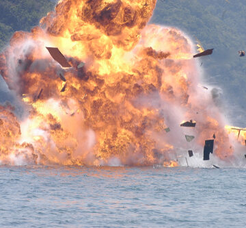 This image appears to show a controlled live-fire missile test or maritime target demonstration (such as an MBDA weapon test hitting a surface target).