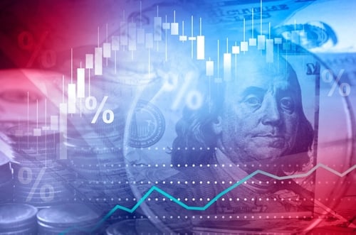 Concept graphic symbolizing financial markets, featuring a U.S. dollar bill and rising candlestick charts. Concept graphic symbolizing financial markets, featuring a U.S. dollar bill and rising candlestick charts.