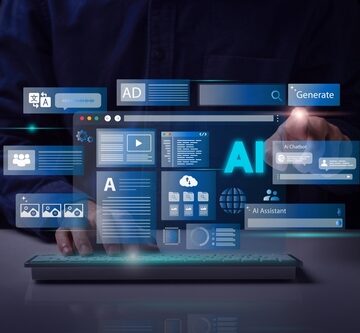A person typing on a keyboard with digital AI interface windows, floating UI elements, and data dashboards projected in front of them. A person typing on a keyboard with digital AI interface windows, floating UI elements, and data dashboards projected in front of them.