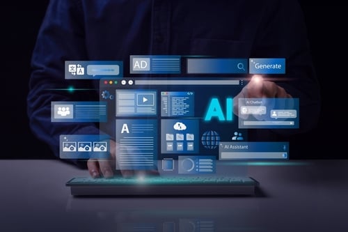 A person typing on a keyboard with digital AI interface windows, floating UI elements, and data dashboards projected in front of them. A person typing on a keyboard with digital AI interface windows, floating UI elements, and data dashboards projected in front of them.