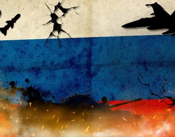 Illustration depicting military conflict against the background of the Russian flag, featuring silhouettes of fighter jets, missiles, a tank, and explosions.